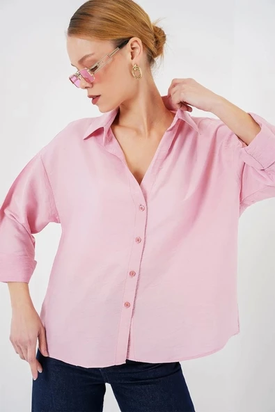 Oversize Kısa Kol Gömlek 20315 - Pembe