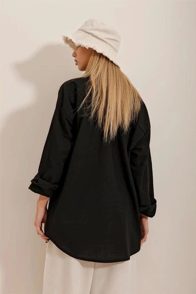 Kadın Keten Kumaş Oversize Gömlek - 3