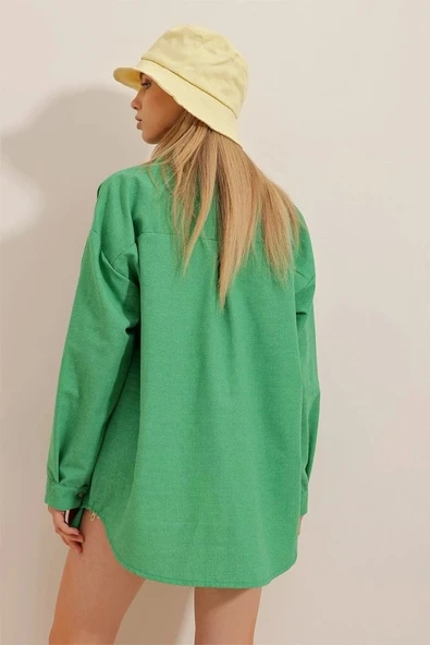 Kadın Keten Kumaş Oversize Gömlek - 3
