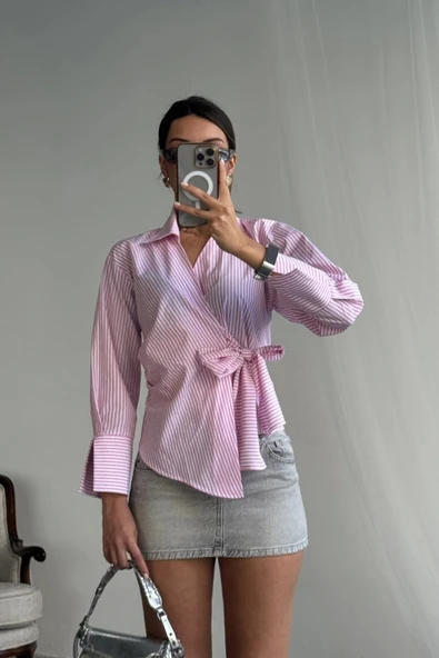 ÇİZGİLİ POPLİN KRUVAZE BAĞLAMALI GÖMLEK - Pembe - 4
