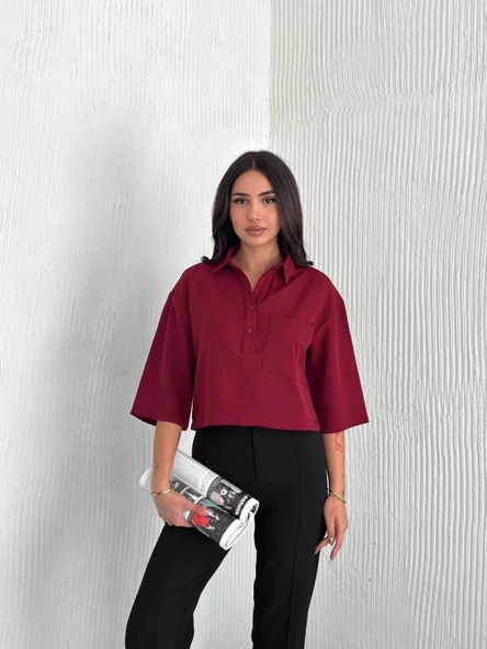 Crop Yakalı Gömlek Üç Çeyrek Sleeve Kol - Bordo - 3