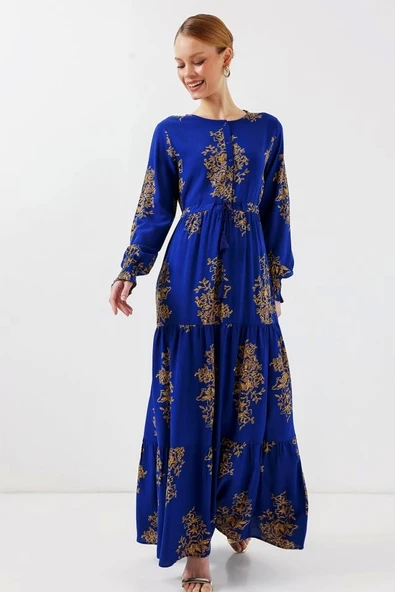 2145 Desenli Tesettür Elbise - Saks - 4