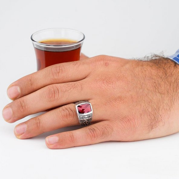 Oval Dikdörtgen Kırmızı Zirkon Taşlı 925 Ayar Gümüş Erkek Yüzük - Resim 2