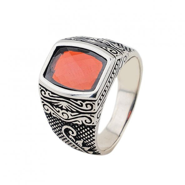 Oval Dikdörtgen Kırmızı Zirkon Taşlı 925 Ayar Gümüş Erkek Yüzük - Resim 3