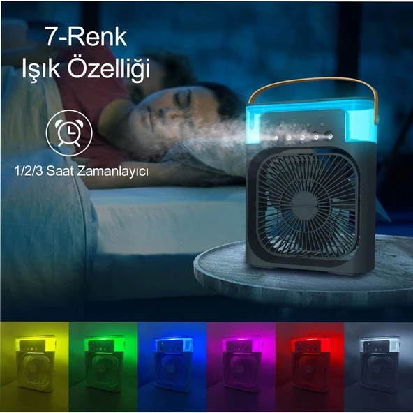 Mini Hava Soğutucu, Taşınabilir Hortumsuz Portatif Klima, Mobil Sulu Klima, 3 Rüzgar Hızı, 3 Sis Modu, Taşınabilir Buzlu Vantilatör 5 Sprey Delikli ile Renkli LED Işıklı Siyah Renk - 3