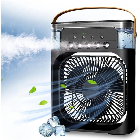 Mini Hava Soğutucu, Taşınabilir Hortumsuz Portatif Klima, Mobil Sulu Klima, 3 Rüzgar Hızı, 3 Sis Modu, Taşınabilir Buzlu Vantilatör 5 Sprey Delikli ile Renkli LED Işıklı Siyah Renk