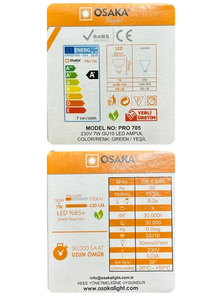 (10 Adet) Osaka 7W Yeşil Işık GU10 Duylu Led Çanak Ampul - Resim 4