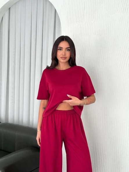 Osy Modal Yumuşak Dokulu Kumaş Bisiklet Yaka T-shirt Bol Paça Pantalon Ikili Takım -Bordo - 2