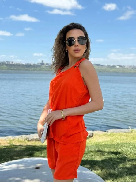 Kadın Kolsuz V Yaka Kuş Gözü Detay Bluz Short Aerobin Ikili Takım - 3