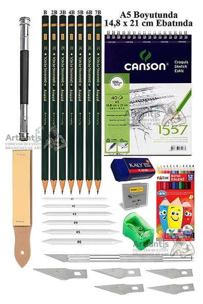 Canson Eskiz Defteri A5 40 Yaprak Fatih Dereceli Kalem Kretuar 12 Renk Kuru Boya Sketch Karakalem 6 lı Gölgelendirme