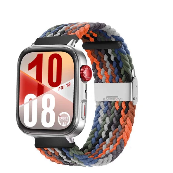 Huawei Watch Fit 4 Fit 4 Pro İle Uyumlu Metal Klipsli Solo Fiberlink Yumuşak Kumaş Örgü Kordon  Turuncu Siyah