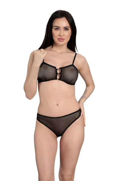 ASM1323 Kadın Siyah Seffaf Beden Dokumsun Sütyen Takım - 3