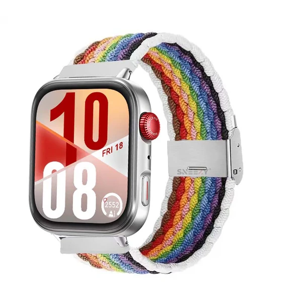 Huawei Watch Fit 4 Fit 4 Pro İle Uyumlu Metal Klipsli Solo Fiberlink Yumuşak Kumaş Örgü Kordon  Beyaz Gökkuşağı
