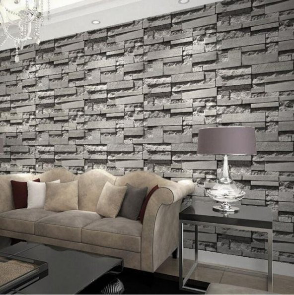 Renkli Duvarlar 10 Adet 70-77cm Gri Taş Desen Yapışkanlı Duvar Kağıdı Panel NW115 5.3 m2 - 3