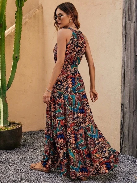 Kadın Kolsuz Halter Yaka Beli Lastikliotantik Desenli Mikro Kumaş Elbise - 3
