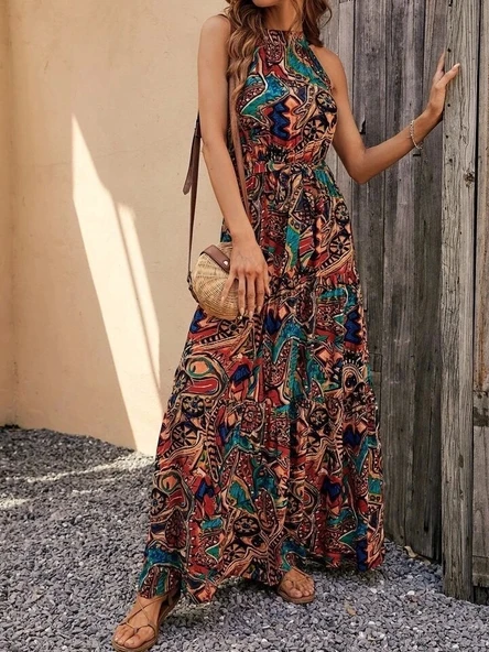 Kadın Kolsuz Halter Yaka Beli Lastikliotantik Desenli Mikro Kumaş Elbise - 2