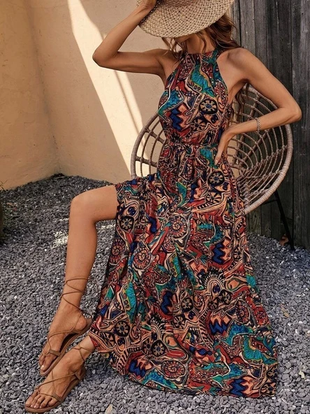 Kadın Kolsuz Halter Yaka Beli Lastikliotantik Desenli Mikro Kumaş Elbise