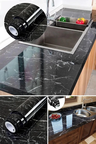 Siyah Mermer Desenli Yapışkanlı Kaplama Kağıdı 5 Metre - 3
