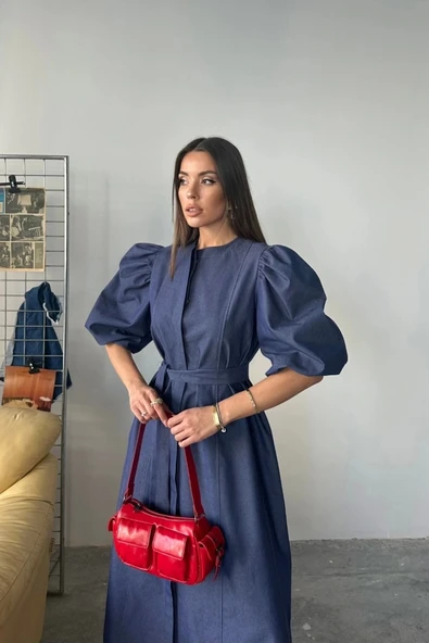 TENCEL KARPUZ KOL ELBİSE - İndigo - 2