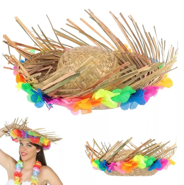 Natural Renkli Püsküllü Örme Hasır Hawaii Şapka