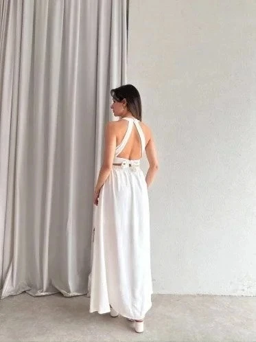 Kadın Krinkil Kumaş Beli Gipeli Halter Yaka Maxi Boy Elbise - 2