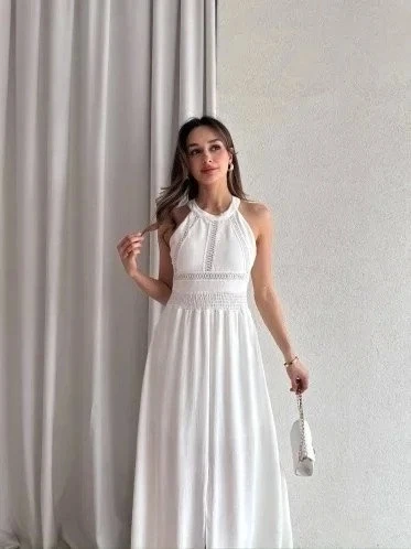Kadın Krinkil Kumaş Beli Gipeli Halter Yaka Maxi Boy Elbise - 1