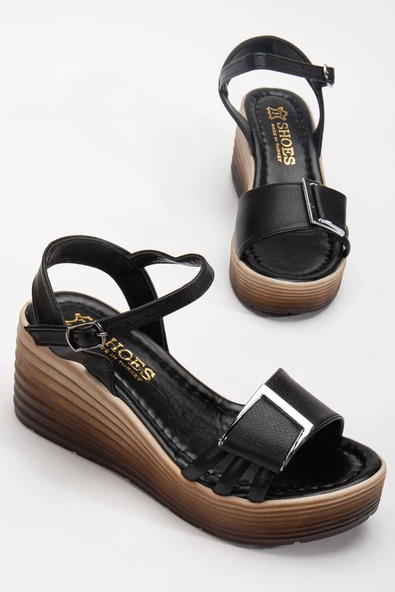 Olmo Kadın Siyah Cilt Günlük Ortopedik Taban Sandalet - Resim 2