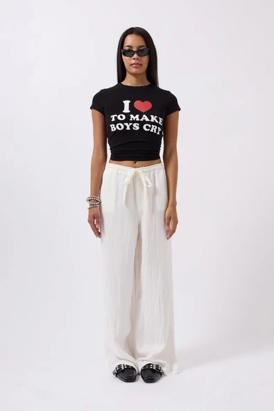 Nakış Detay Baskılı Crop T-Shirt - 2