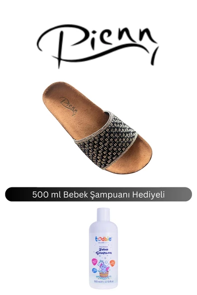 Pienn Kadın Siyah Lacivert Taşlı & Simli Anatomik Tabanlı Terlik ( 500 ml Bebek Şampuanı Hediyeli )