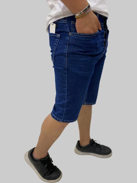 Erkek Sers Denim Pamuklu Slim Fit Koyu Mavi Kot Kapri - 2