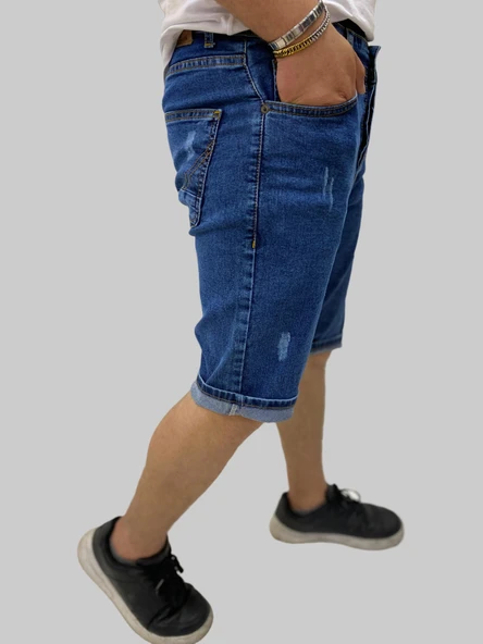 Erkek Sers Denim Pamuklu Slim Fit Mavi Tırtıklı Kot Kapri - 2