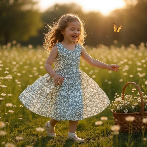 Çiçekli Kız Çocuk Elbise - Resim 3