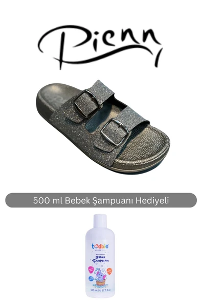 Pienn Kadın Füme İki Bantlı Simli Yumuşak Soft Taban Tokalı Terlik ( 500 ml Bebek Şampuanı Hediyeli )
