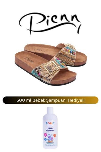 Pienn Kadın Bronz Tek Bantlı Taşlı Anatomik Taban Tokalı Terlik ( 500 ml Bebek Şampuanı Hediyeli )
