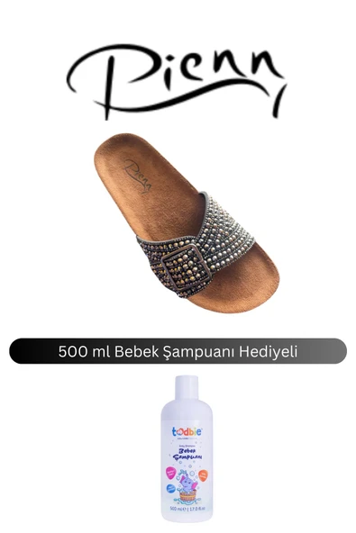 Pienn Kadın Siyah Bantlı Simli Taşlı Anatomik Taban Tokalı Terlik ( 500 ml Bebek Şampuanı Hediyeli )