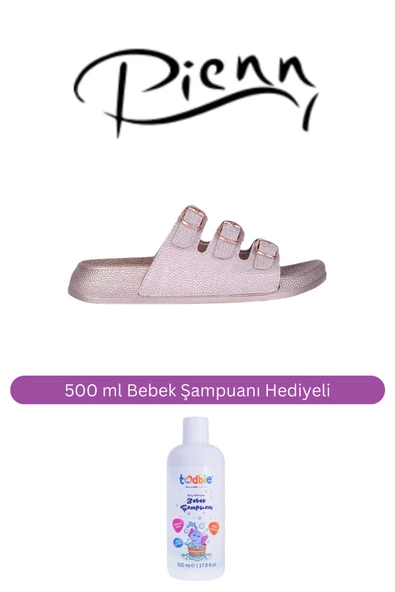 Pienn Kadın Bronz Bantlı Simli Yumuşak Soft Taban Tokalı Terlik ( 500 ml Bebek Şampuanı Hediyeli )