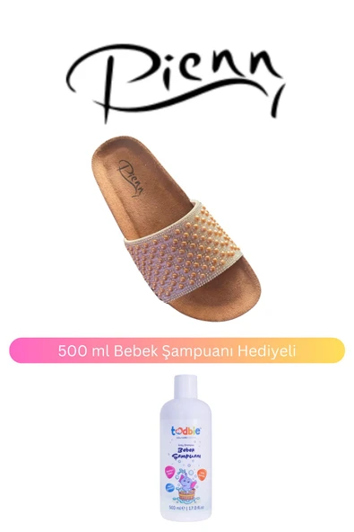 Pienn Kadın Bronz Bantlı Boncuklu Anatomik Taban Terlik ( 500 ml Bebek Şampuanı Hediyeli )
