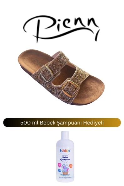 Pienn Kadın Bronz Çift Bantlı Taşlı Anatomik Taban Tokalı Terlik ( 500 ml Bebek Şampuanı Hediyeli )