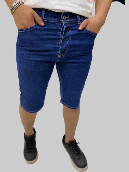 Erkek Sers Denim Pamuklu Slim Fit Koyu Mavi Kot Kapri