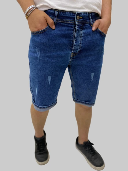 Erkek Sers Denim Pamuklu Slim Fit Mavi Tırtıklı Kot Kapri