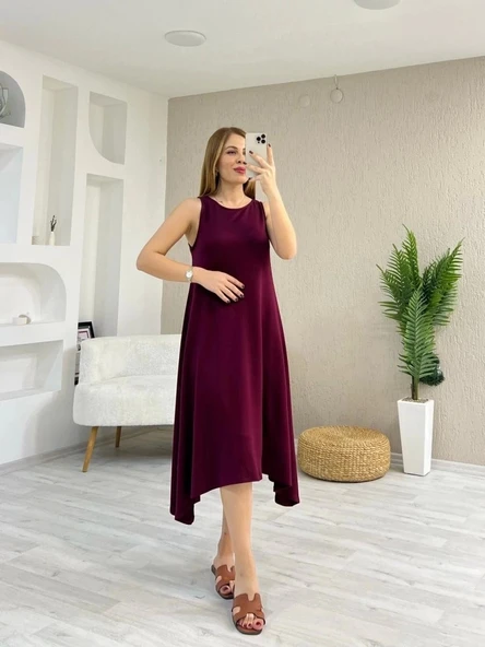 Kadın Askılı Yuvarlak Yakalı Asimetrik Kesim Detaylı Viskon Elbise - 2