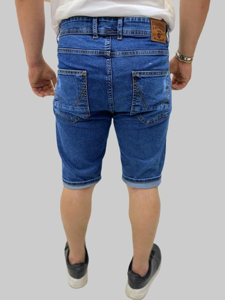 Erkek Sers Denim Pamuklu Slim Fit Mavi Tırtıklı Kot Kapri - 3