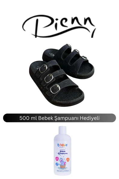 Pienn Kadın Siyah Üç Bantlı Simli Yumuşak Soft Taban Tokalı Terlik ( 500 ml Bebek Şampuanı Hediyeli )
