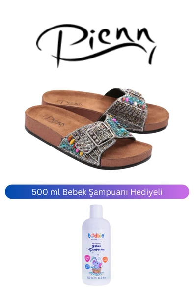 Pienn Kadın Füme Tek Bantlı Taşlı Anatomik Taban Tokalı Terlik ( 500 ml Bebek Şampuanı Hediyeli )