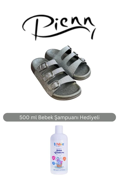 Piem Kadın Füme Bantlı Simli Yumuşak Soft Taban Tokalı Terlik ( 500 ml Bebek Şampuanı Hediyeli )
