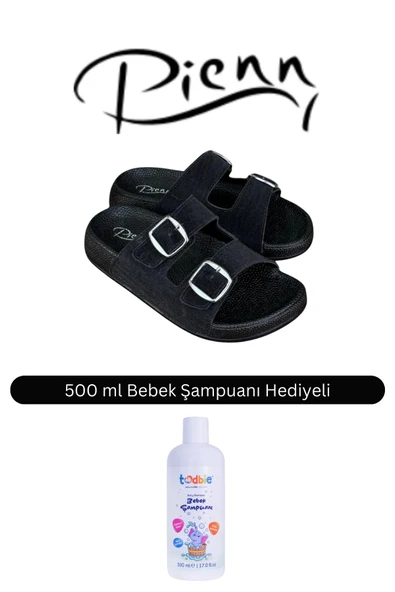 Pienn Kadın Siyah İki Bantlı Simli Yumuşak Soft Taban Tokalı Terlik ( 500 ml Bebek Şampuanı Hediyeli )