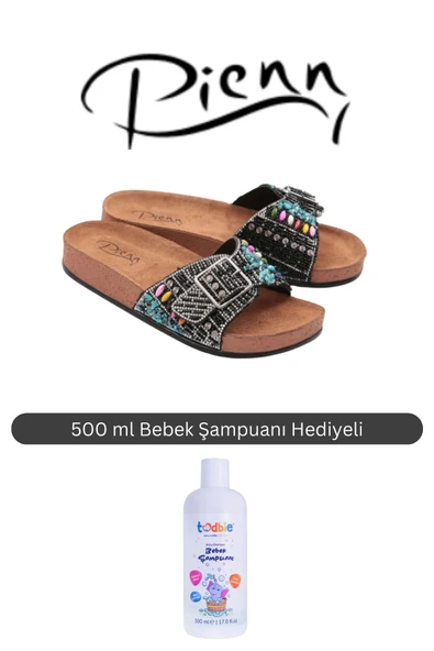 Pienn Kadın Siyah Tek Bantlı Taşlı Anatomik Taban Tokalı Terlik ( 500 ml Bebek Şampuanı Hediyeli )