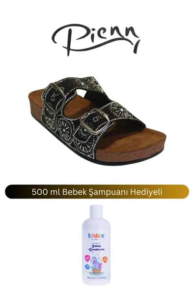 Pienn Siyah 20054-002 Kadın Taşlı Çift Tokalı Comfort Terlik ( 500 ml Bebek Şampuanı Hediyeli )
