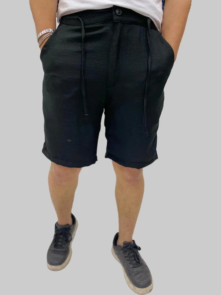Erkek Sers Keten Beli Bağcıklı Regular Siyah Şort&Kapri