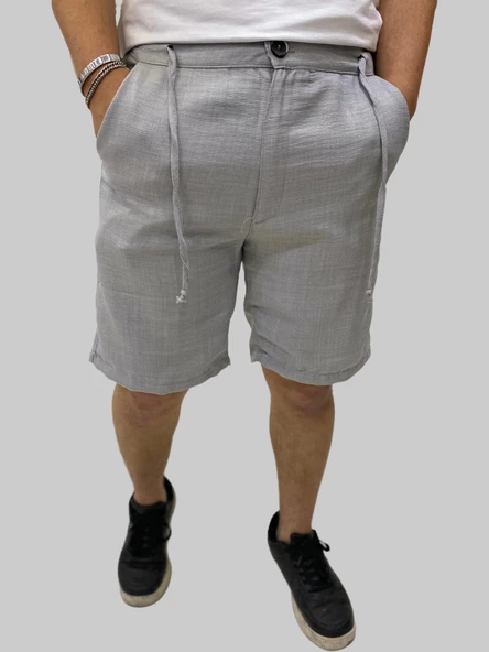 Erkek Sers Keten Beli Bağcıklı Regular Gri Şort&Kapri